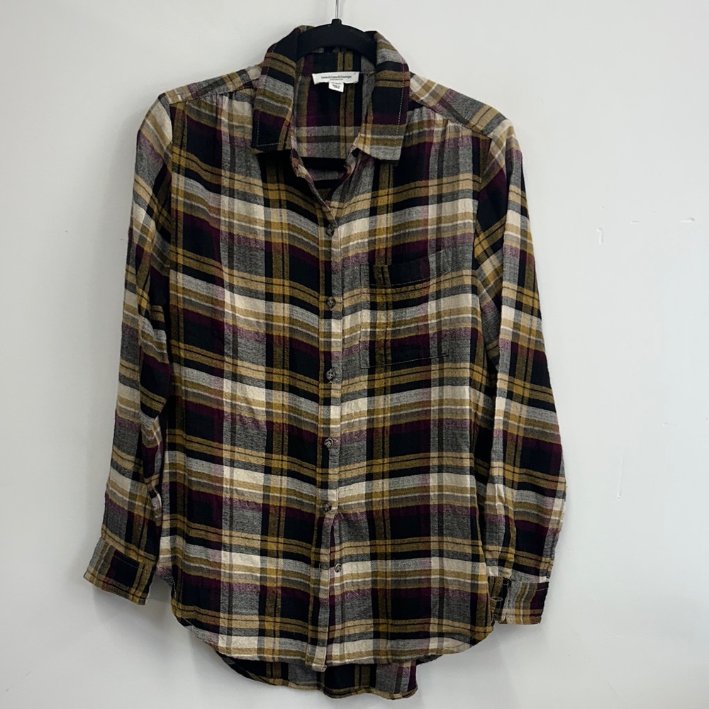 beachlunchlounge Women's Plaid Button Down Shirt - Black, Brown, Cream S